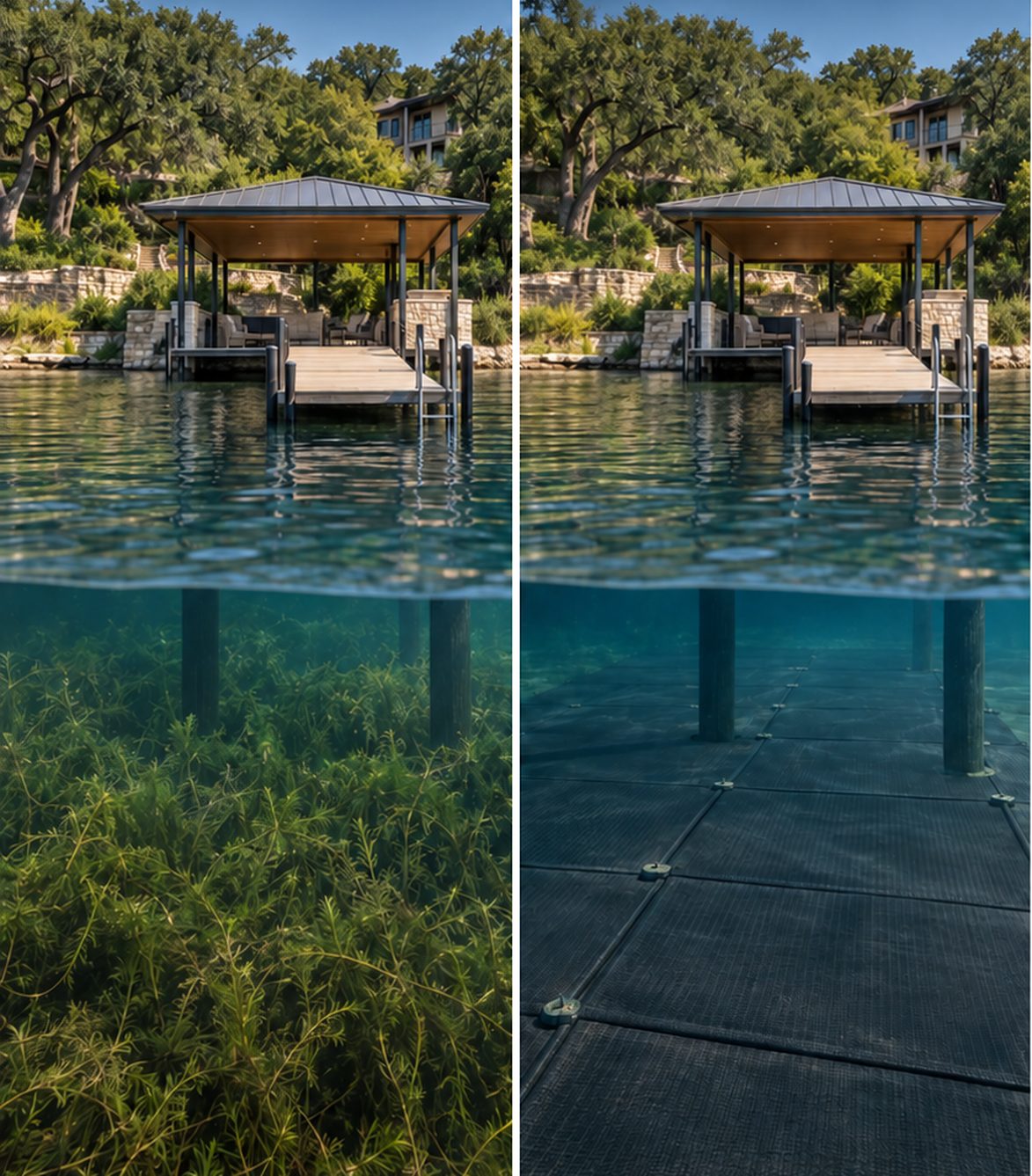 Before and after at a Lake Austin boat dock: dense hydrilla, then a Lake Floor barrier on the lake bottom