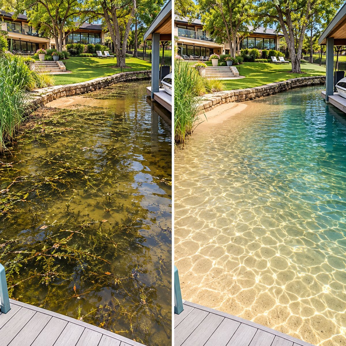 Before and after along a Lake Austin shoreline: hydrilla, then a clear sand-finished lake floor