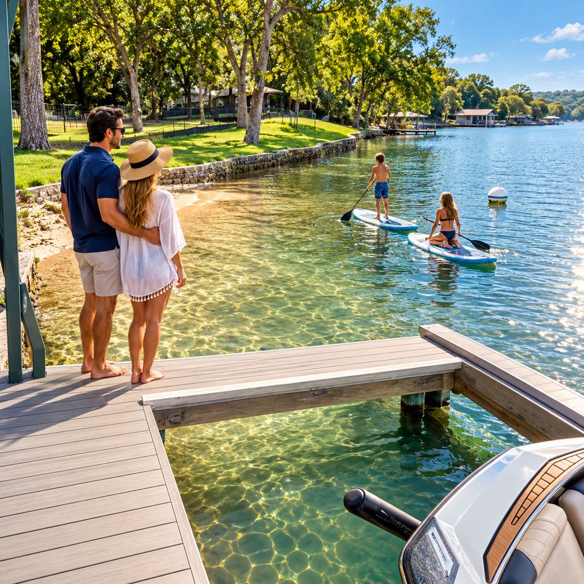 Couple on a dock watching kids paddleboard over clear water