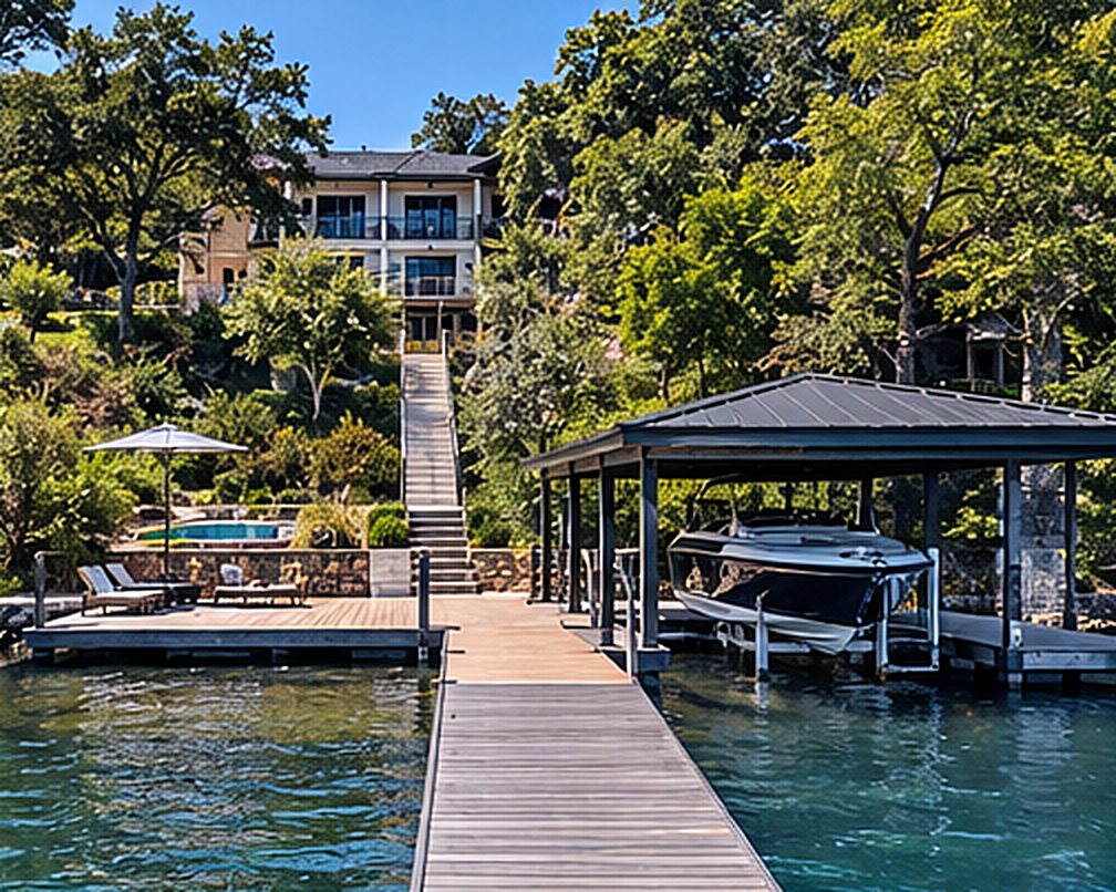 Lakefront estate with a private dock, covered boat slip and wake boat on clear water