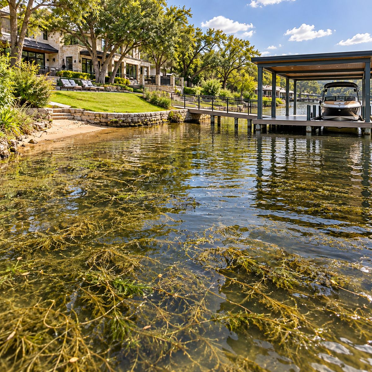Hydrilla filling the shallows beside a Lake Austin home, walkway and covered boat dock
