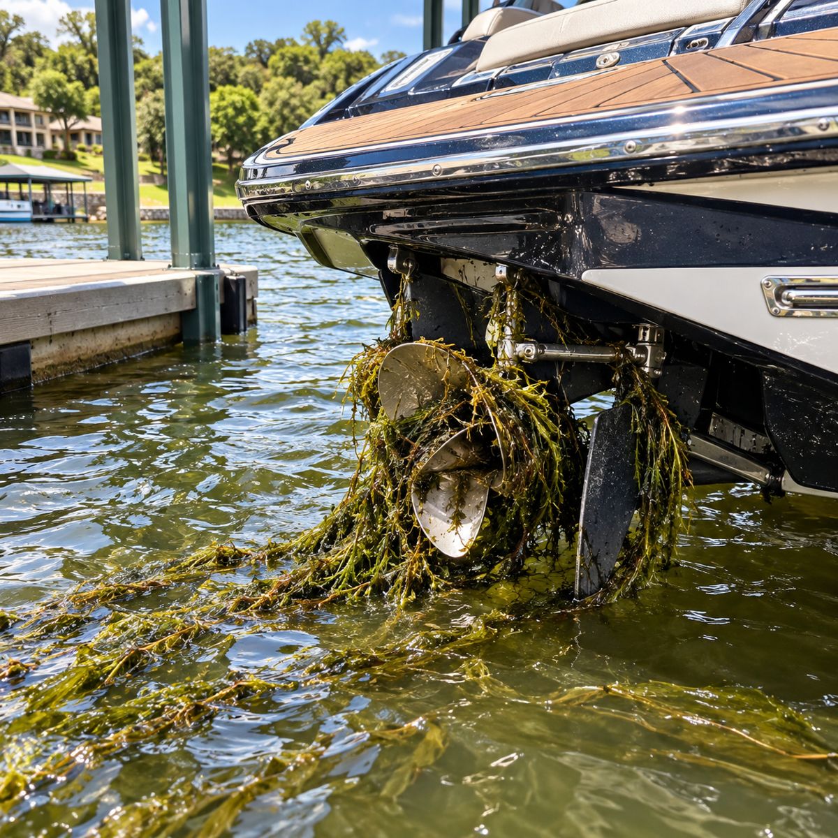 Boat propeller and lower unit wrapped in hydrilla